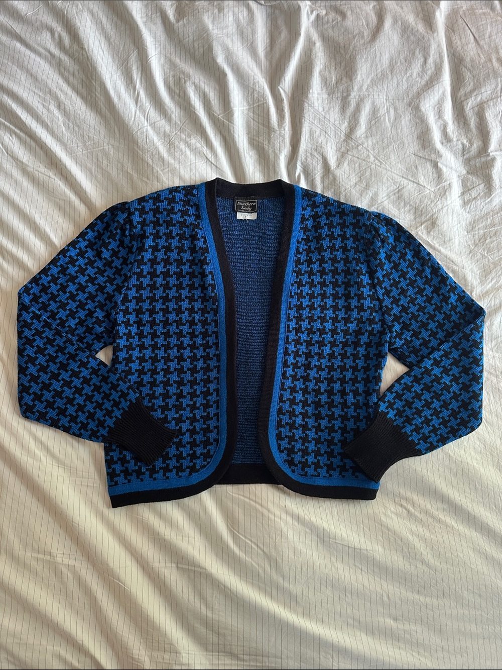 Vtg Southern Lady - Royal Blue & Black Houndstooth Open Cardigan - M